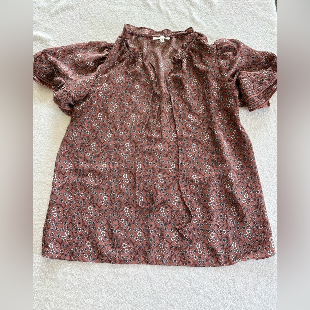 Max Studio Brown Floral Boho Blouse with Layered Ruffle Sleeves Size M EUC